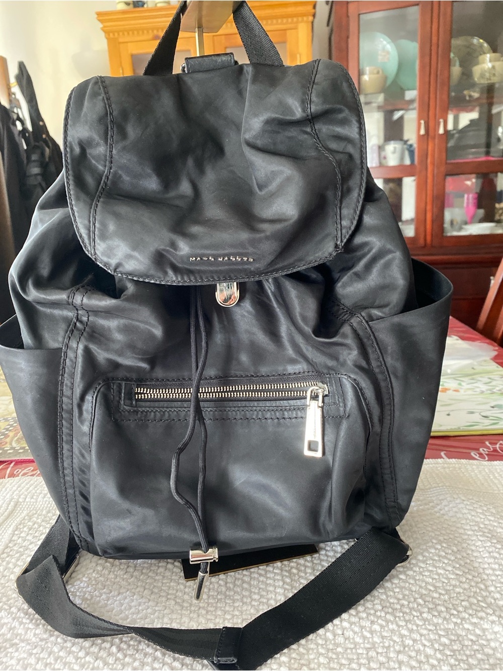 Marc Jacobs Black Nylon Drawstring Backpack with Front Zip Pocket